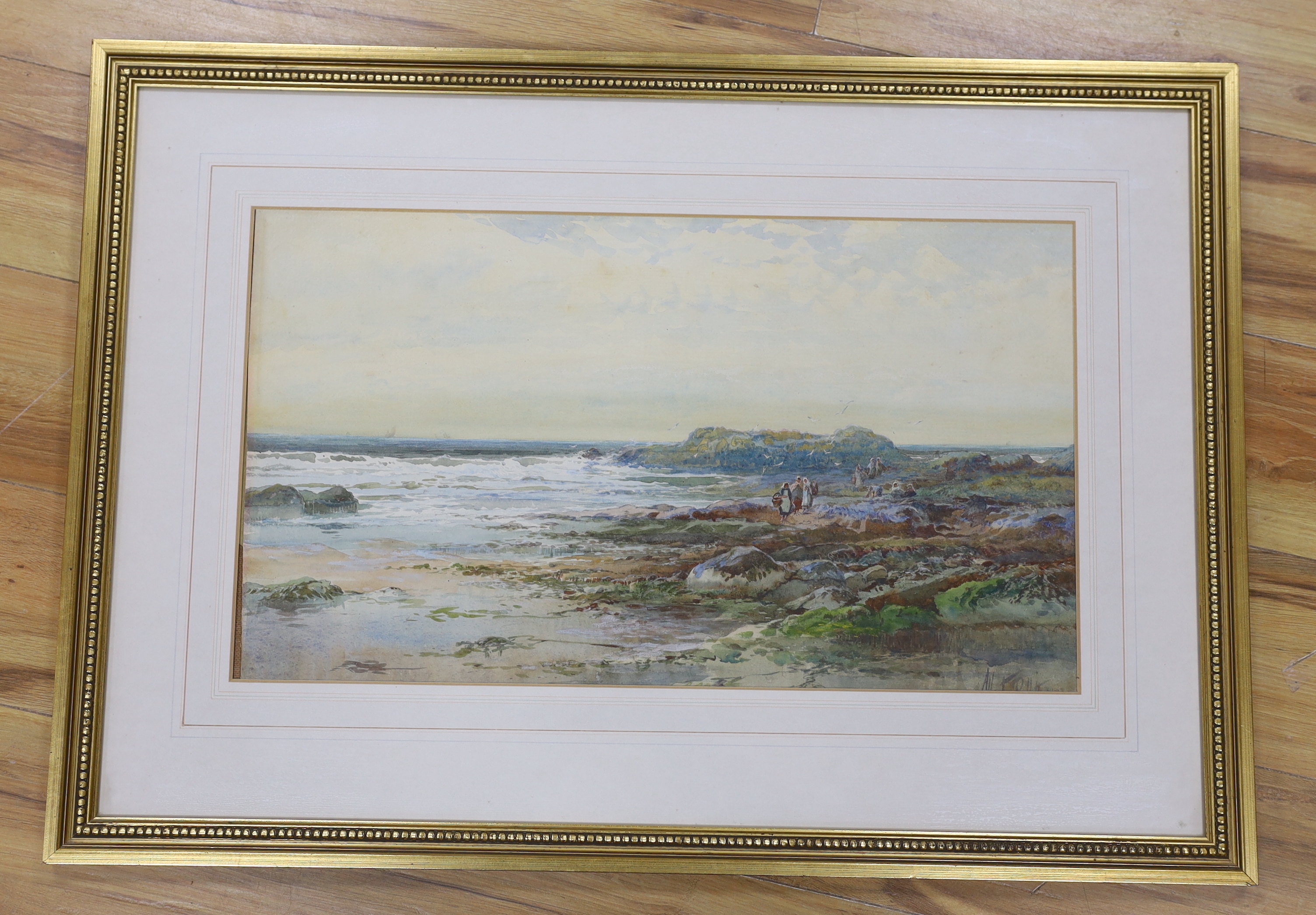 Albert Pollitt (1856-1926) watercolour, 'Oyster gatherers', signed and dated 1902, 35 x 62cm